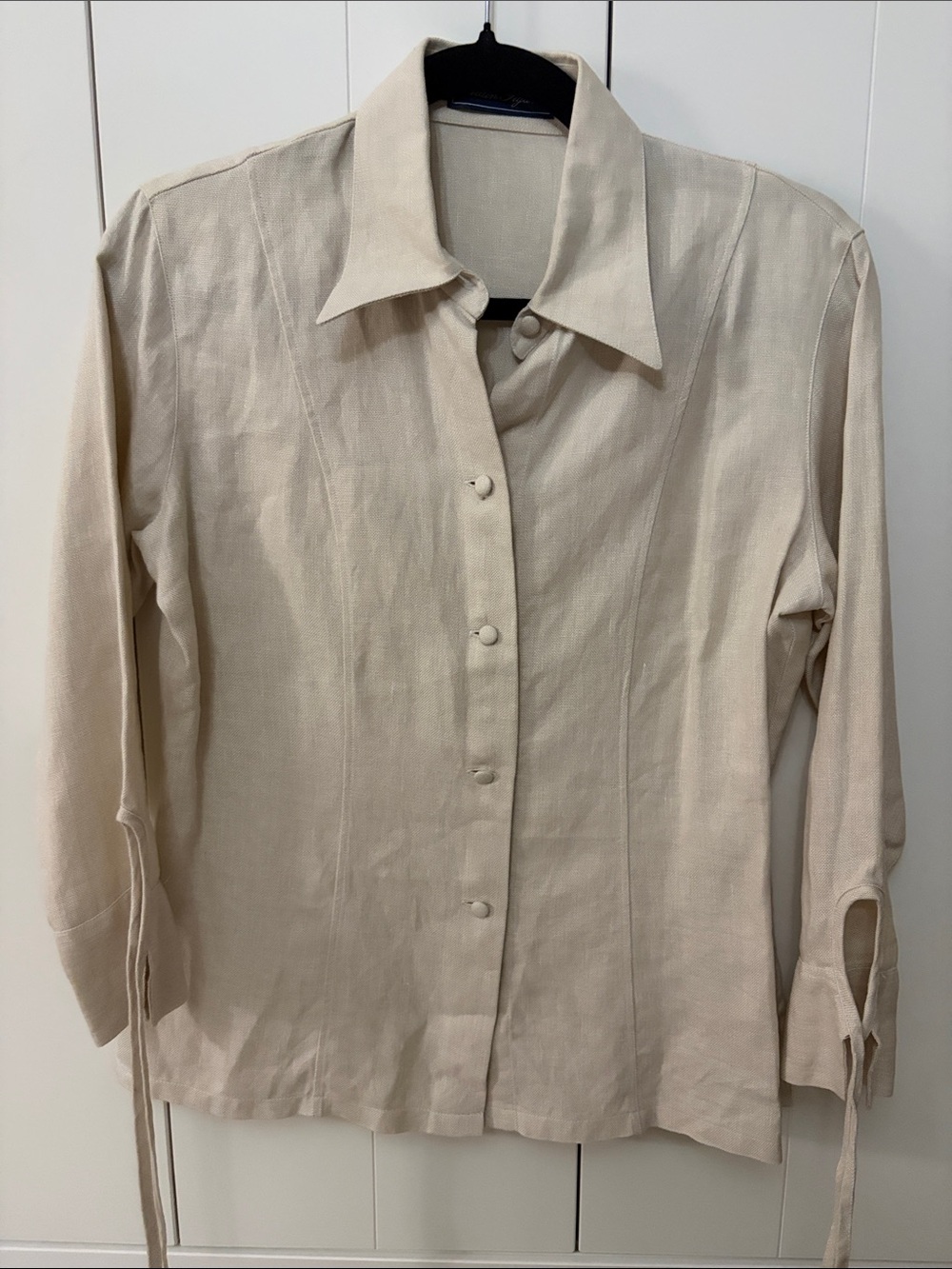 Women's Linen Cream Button-Front Tailored 3/4 Sleeve Blouse with Tie Cuffs